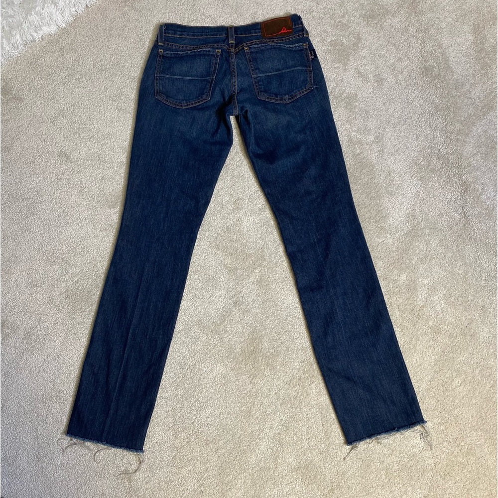 R U Blue jeans dark wash slightly distressed raw hem size 26